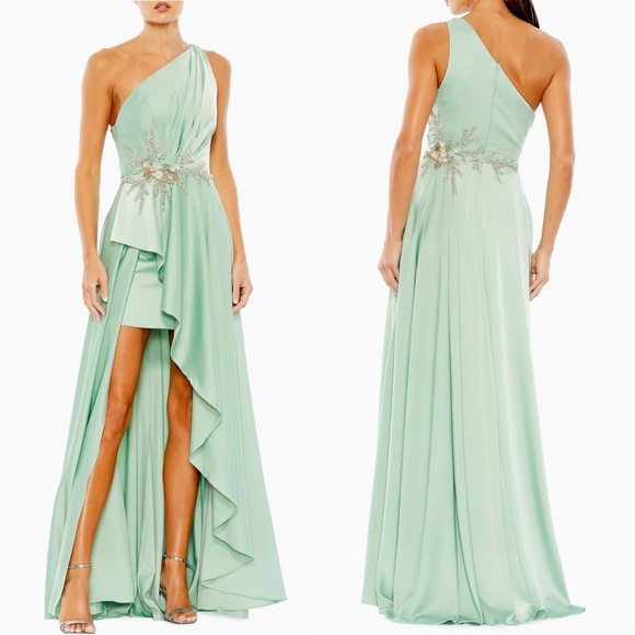 Size 6‎ Mac Duggal Sage Green One Shoulder Asymmetrical Gown Prom Dress - Picture 1 of 6